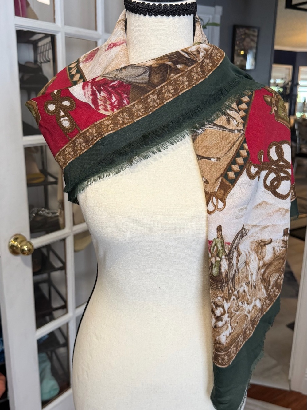 Printed Multi-Color Women's Scarf - Green, Red & Cream
